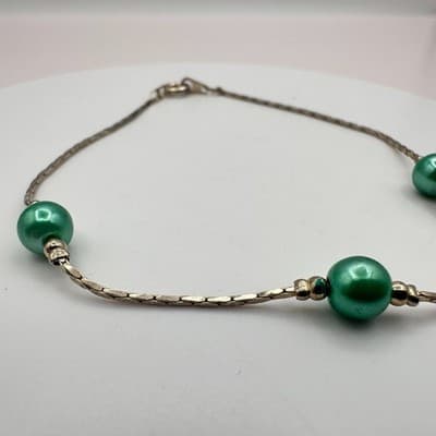 Vintage Silver Tone Dainty Chain Bracelet Green Faux Pearl Minimalist Simple Y2K - Thumbnail 3