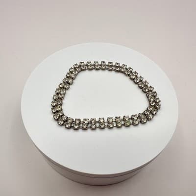 Vintage 90s Double Row Clear Glass Tennis Bracelet Silver Tone Elegant Deco Boho - Thumbnail 2