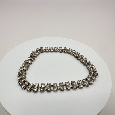 Vintage 90s Double Row Clear Glass Tennis Bracelet Silver Tone Elegant Deco Boho - Thumbnail 3