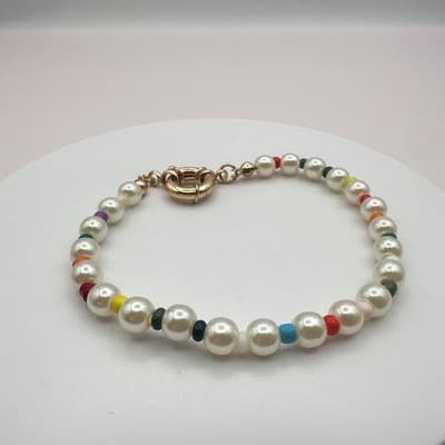 Vintage 90s Gold Tone Faux Pearl Beaded Bracelet Women's Classic Fashion Jewelry - Thumbnail 2