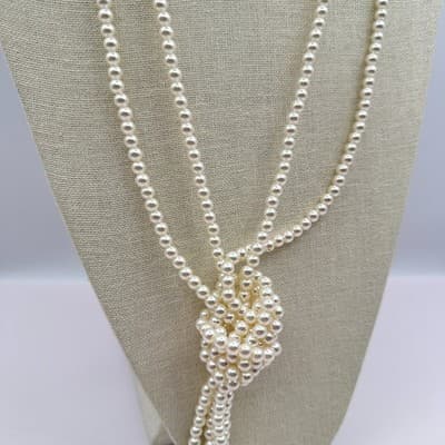 Vintage 90s Cream Faux Pearl Tassel Lariat Necklace Long Knot Boho Jewelry Boho - Thumbnail 2