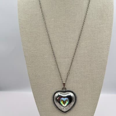 Vintage 90s Iridescent Aurora Borealis Glass Puffy Heart Pendant Necklace Boho - Thumbnail 7