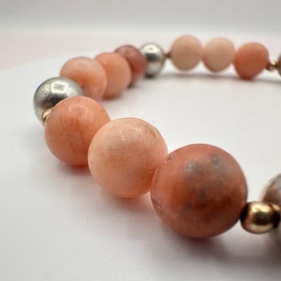 Vintage 90s Peach Natural Stone Beaded Stretch Bracelet Boho Statement Jewelry - Thumbnail 4