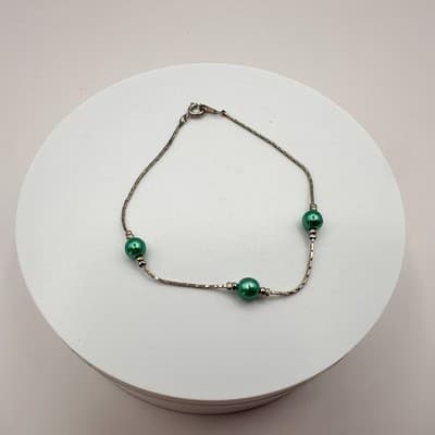 Vintage Silver Tone Dainty Chain Bracelet Green Faux Pearl Minimalist Simple Y2K - Thumbnail 4