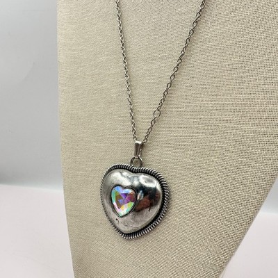 Vintage 90s Iridescent Aurora Borealis Glass Puffy Heart Pendant Necklace Boho - Thumbnail 6