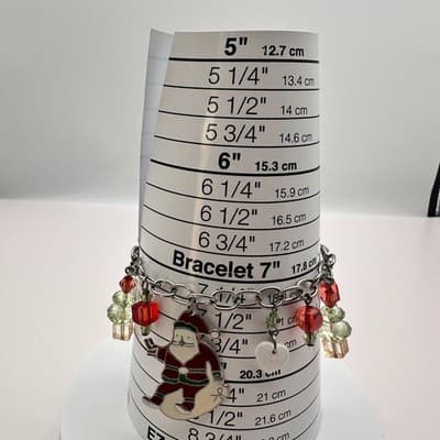 Vintage 90s Christmas Charm SilverTone Bracelet Santa Enamel Glass Beads Jewelry - Thumbnail 7