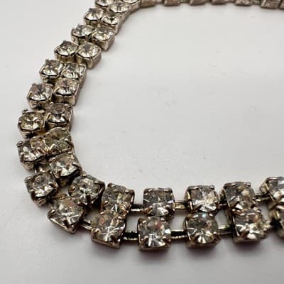 Vintage 90s Double Row Clear Glass Tennis Bracelet Silver Tone Elegant Deco Boho - Thumbnail 4