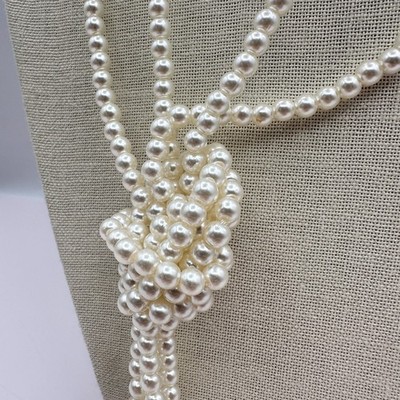 Vintage 90s Cream Faux Pearl Tassel Lariat Necklace Long Knot Boho Jewelry Boho - Thumbnail 4