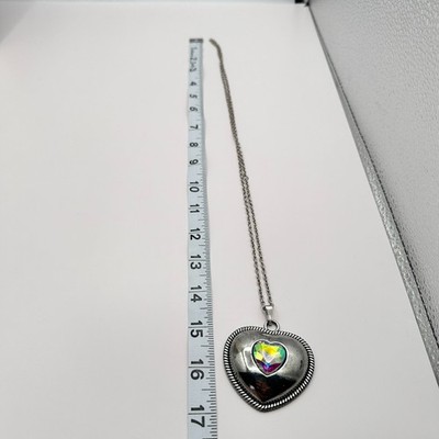 Vintage 90s Iridescent Aurora Borealis Glass Puffy Heart Pendant Necklace Boho - Thumbnail 8