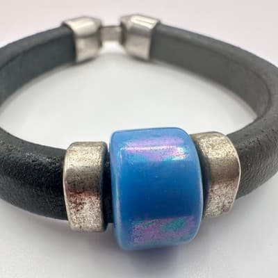 Vintage Y2K Silver Tone Blue Beaded Black Leather Bracelet Boho Classic Jewelry - Thumbnail 5