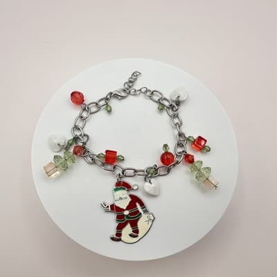 Vintage 90s Christmas Charm SilverTone Bracelet Santa Enamel Glass Beads Jewelry - Thumbnail 6