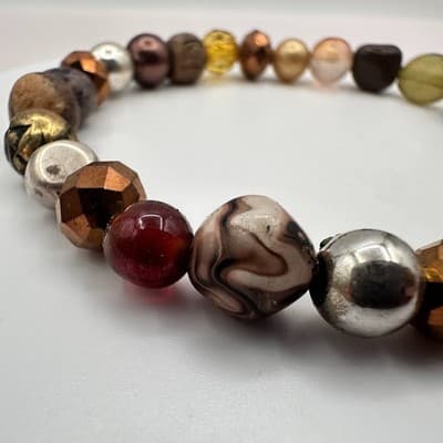 Vintage 90s Dalmatian Jasper Glass Beaded Stretch Bracelet Earth Tone Jewelry - Thumbnail 5