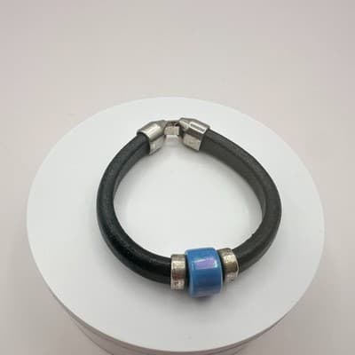 Vintage Y2K Silver Tone Blue Beaded Black Leather Bracelet Boho Classic Jewelry - Thumbnail 4