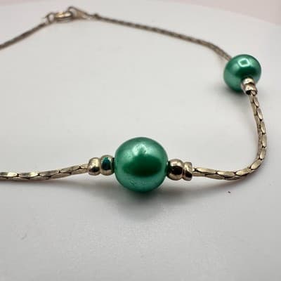 Vintage Silver Tone Dainty Chain Bracelet Green Faux Pearl Minimalist Simple Y2K - Thumbnail 5