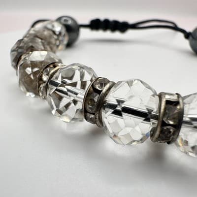 Vintage Y2K Silver Tone Cord Clear Glass Rhinestones Beaded Bracelet Jewelry 90s - Thumbnail 4