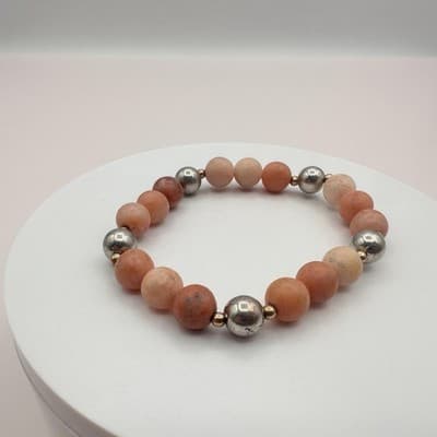 Vintage 90s Peach Natural Stone Beaded Stretch Bracelet Boho Statement Jewelry - Thumbnail 2