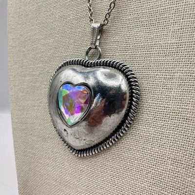 Vintage 90s Iridescent Aurora Borealis Glass Puffy Heart Pendant Necklace Boho - Thumbnail 5
