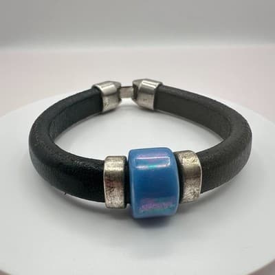 Vintage Y2K Silver Tone Blue Beaded Black Leather Bracelet Boho Classic Jewelry - Thumbnail 3