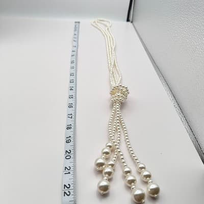 Vintage 90s Cream Faux Pearl Tassel Lariat Necklace Long Knot Boho Jewelry Boho - Thumbnail 7