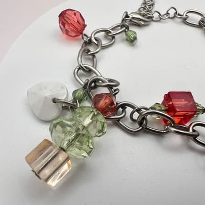 Vintage 90s Christmas Charm SilverTone Bracelet Santa Enamel Glass Beads Jewelry - Thumbnail 5