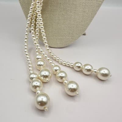 Vintage 90s Cream Faux Pearl Tassel Lariat Necklace Long Knot Boho Jewelry Boho - Thumbnail 5