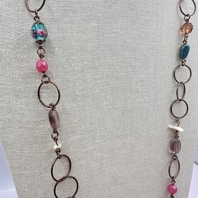 Vintage 90s Gold Tone Polycrome Beaded Open Link Necklace Women's Jewelry Boho - Thumbnail 6