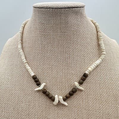 Vintage 90s Fetish Heishi Bird Necklace White Shell Brown Wood Bead Boho Jewelry - Thumbnail 7