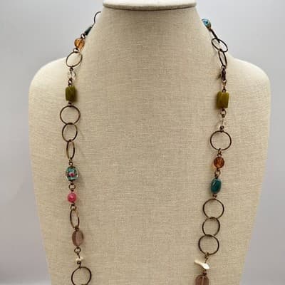 Vintage 90s Gold Tone Polycrome Beaded Open Link Necklace Women's Jewelry Boho - Thumbnail 4