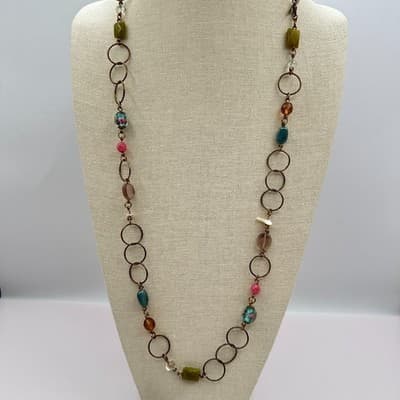 Vintage 90s Gold Tone Polycrome Beaded Open Link Necklace Women's Jewelry Boho - Thumbnail 3