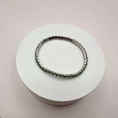 Vintage 90s Green Glass Tennis Bracelet SilverTone Stretch Retro Fashion Jewelry - Thumbnail 5