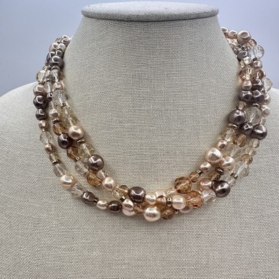 Vintage Y2K Gold Tone Multi Strand Pearl Beaded Necklace Women's Classic Jewelry - Thumbnail 7