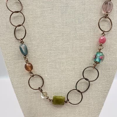 Vintage 90s Gold Tone Polycrome Beaded Open Link Necklace Women's Jewelry Boho - Thumbnail 7