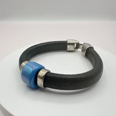 Vintage Y2K Silver Tone Blue Beaded Black Leather Bracelet Boho Classic Jewelry - Thumbnail 2