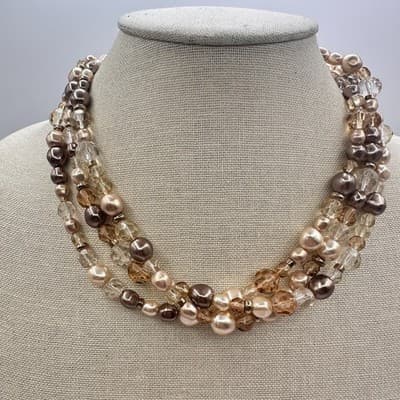 Vintage Y2K Gold Tone Multi Strand Pearl Beaded Necklace Women's Classic Jewelry - Thumbnail 2