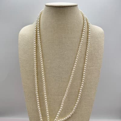 Vintage 90s Cream Faux Pearl Tassel Lariat Necklace Long Knot Boho Jewelry Boho - Thumbnail 3