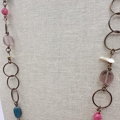 Vintage 90s Gold Tone Polycrome Beaded Open Link Necklace Women's Jewelry Boho - Thumbnail 8