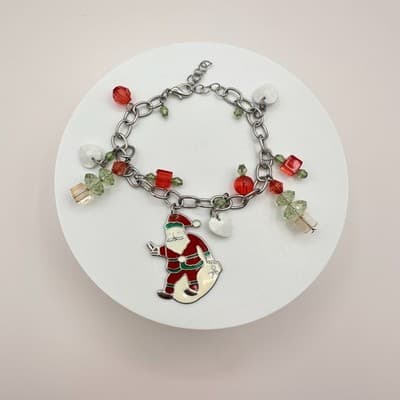 Vintage 90s Christmas Charm SilverTone Bracelet Santa Enamel Glass Beads Jewelry - Thumbnail 2