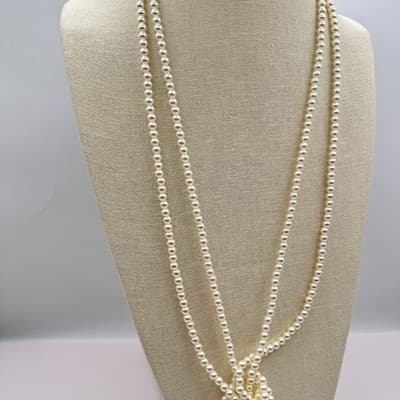 Vintage 90s Cream Faux Pearl Tassel Lariat Necklace Long Knot Boho Jewelry Boho - Thumbnail 6