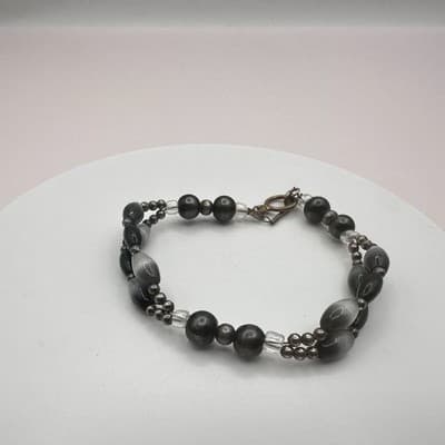 Vintage Y2K Silver Tone Double Strand Beaded Bracelet Boho Minimalist Jewelry - Thumbnail 5