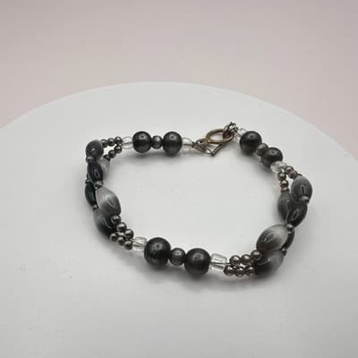 Vintage Y2K Silver Tone Double Strand Beaded Bracelet Boho Minimalist Jewelry - Thumbnail 3