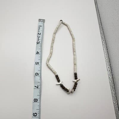 Vintage 90s Fetish Heishi Bird Necklace White Shell Brown Wood Bead Boho Jewelry - Thumbnail 9