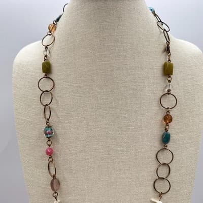 Vintage 90s Gold Tone Polycrome Beaded Open Link Necklace Women's Jewelry Boho - Thumbnail 9
