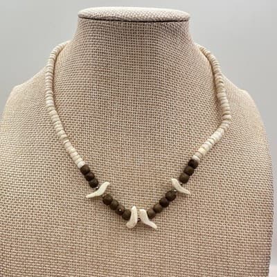 Vintage 90s Fetish Heishi Bird Necklace White Shell Brown Wood Bead Boho Jewelry - Thumbnail 2