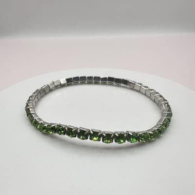 Vintage 90s Green Glass Tennis Bracelet SilverTone Stretch Retro Fashion Jewelry - Thumbnail 2