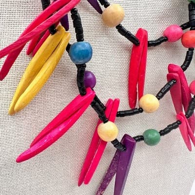 Vintage 90s Multi-Strand Spike Fringe Wood Bead Necklace Boho Fashion Jewelry - Thumbnail 4