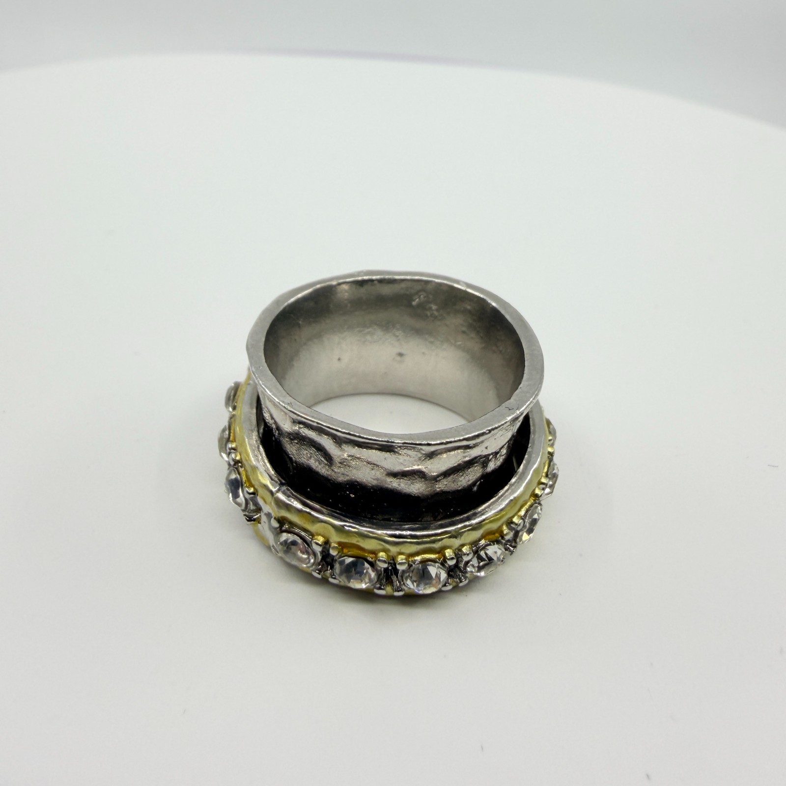 Vintage Two Tone Spinner Ring Silver & Gold Tone Textured Band Clear Crystal Y2K - Thumbnail 3