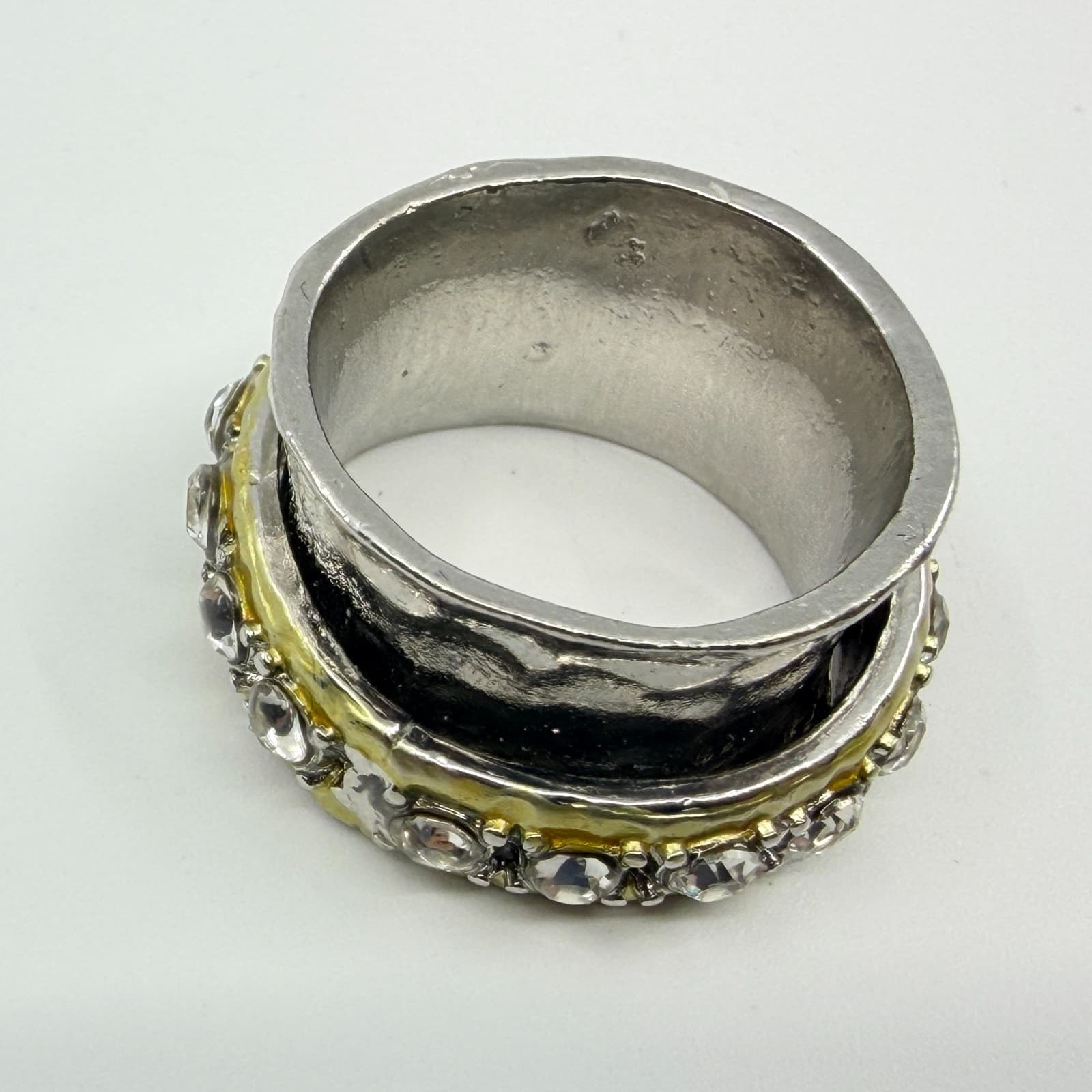 Vintage Two Tone Spinner Ring Silver & Gold Tone Textured Band Clear Crystal Y2K - Thumbnail 5