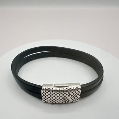 Vintage Y2K Silver Tone Black Double Wrap Leather Bracelet Minimalist Jewelry - Thumbnail 2