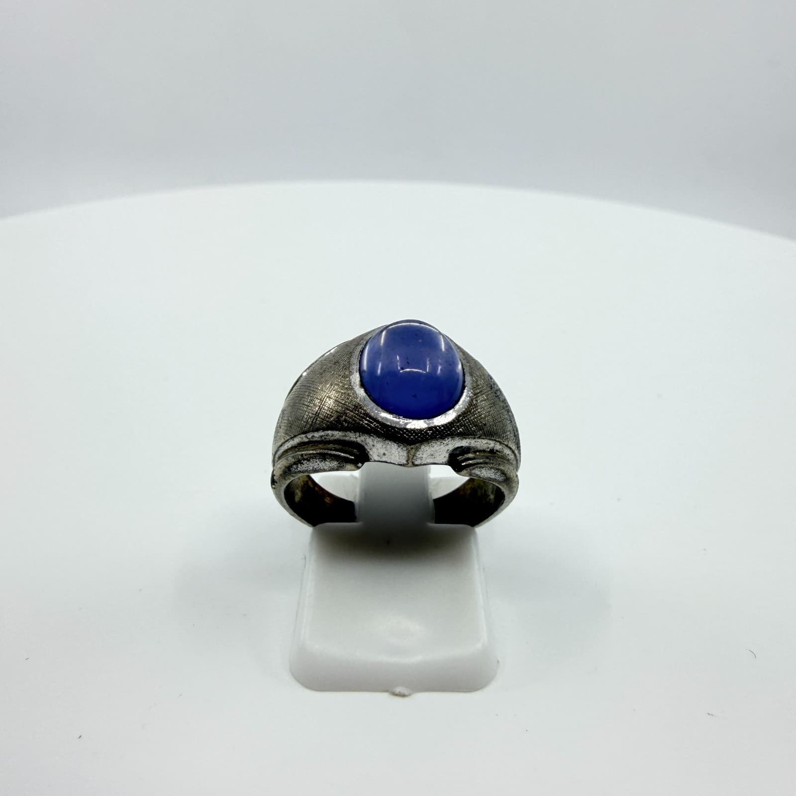 Vintage Brutalist Men's Signet Ring Silver Tone Blue Cabochon Textured Band - Thumbnail 2