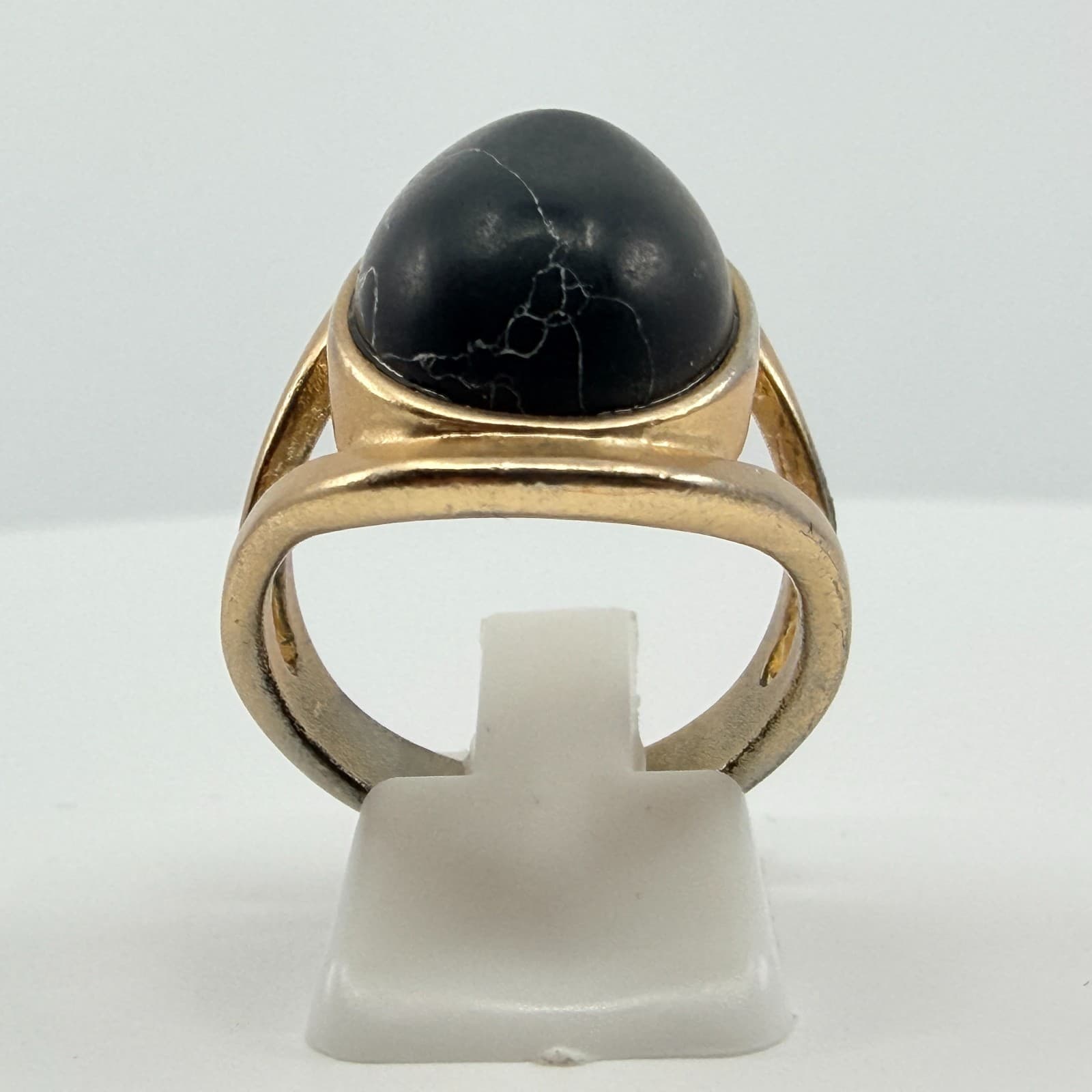 Vintage Gold Tone Faux Black Marble Cabochon Split Band Statement Ring Retro - Thumbnail 5